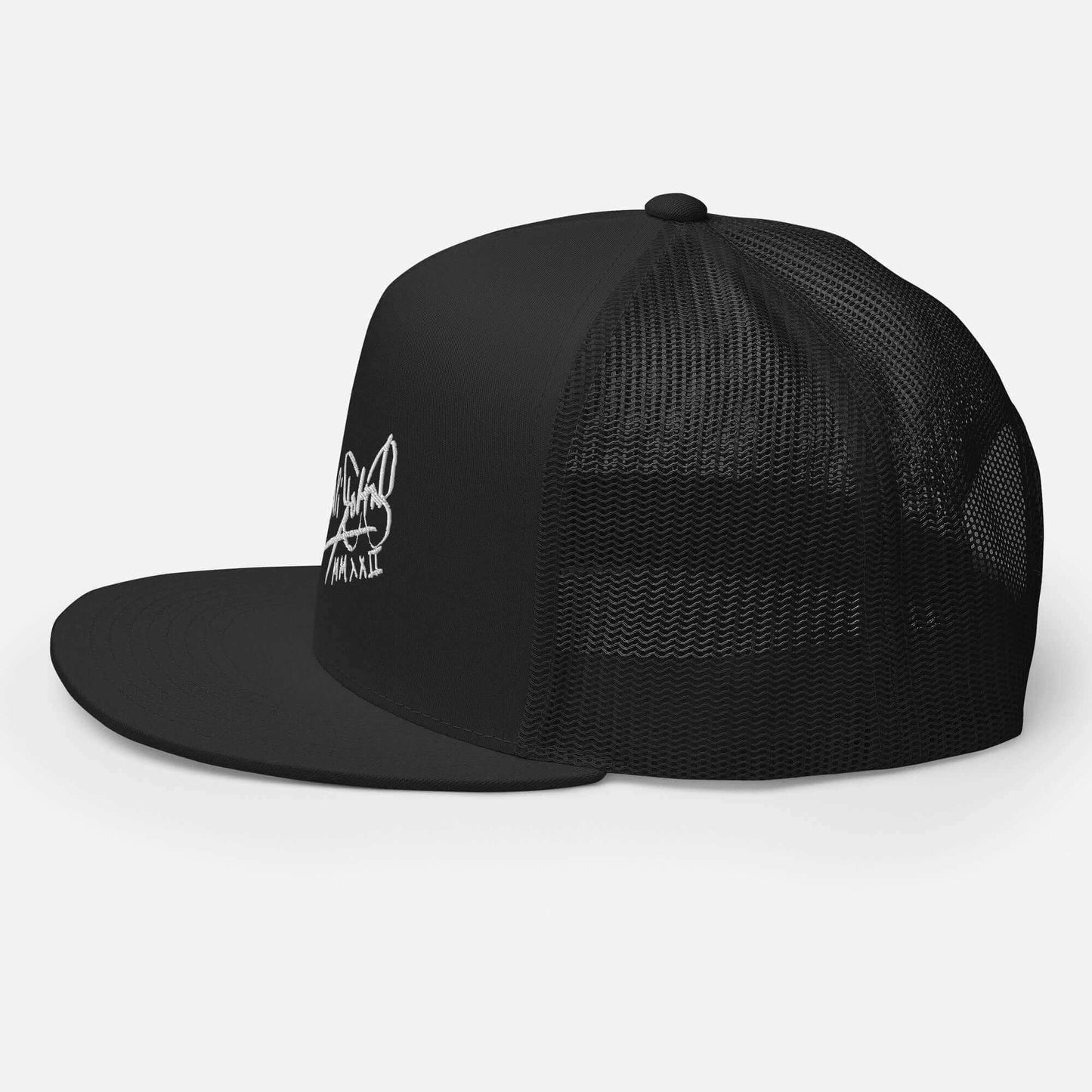 Gorra papijohn streetwear Firma bordado en blanco perfil izquierdo negra