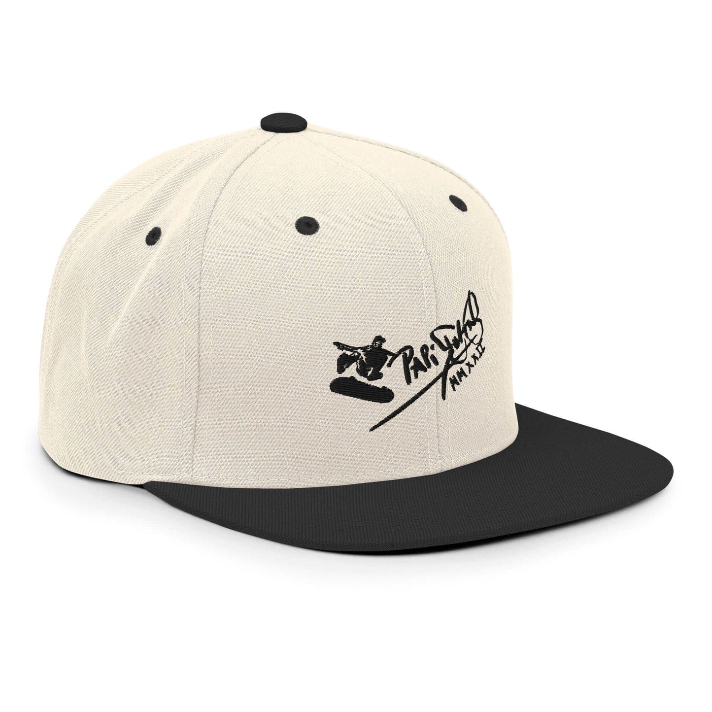 gorra papijohn snapback firma skate blanco y negro perfil izquierdo