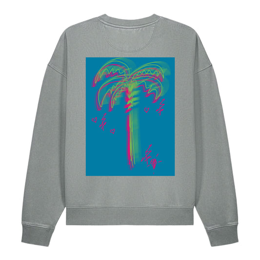 Back view of the high-end Miami Box Palm $arah Free premium streetwear tee, showcasing an imposing fuchsia and neon green freehand palm framed within a Miami Blue box across the back of the luxury vintage canvas.