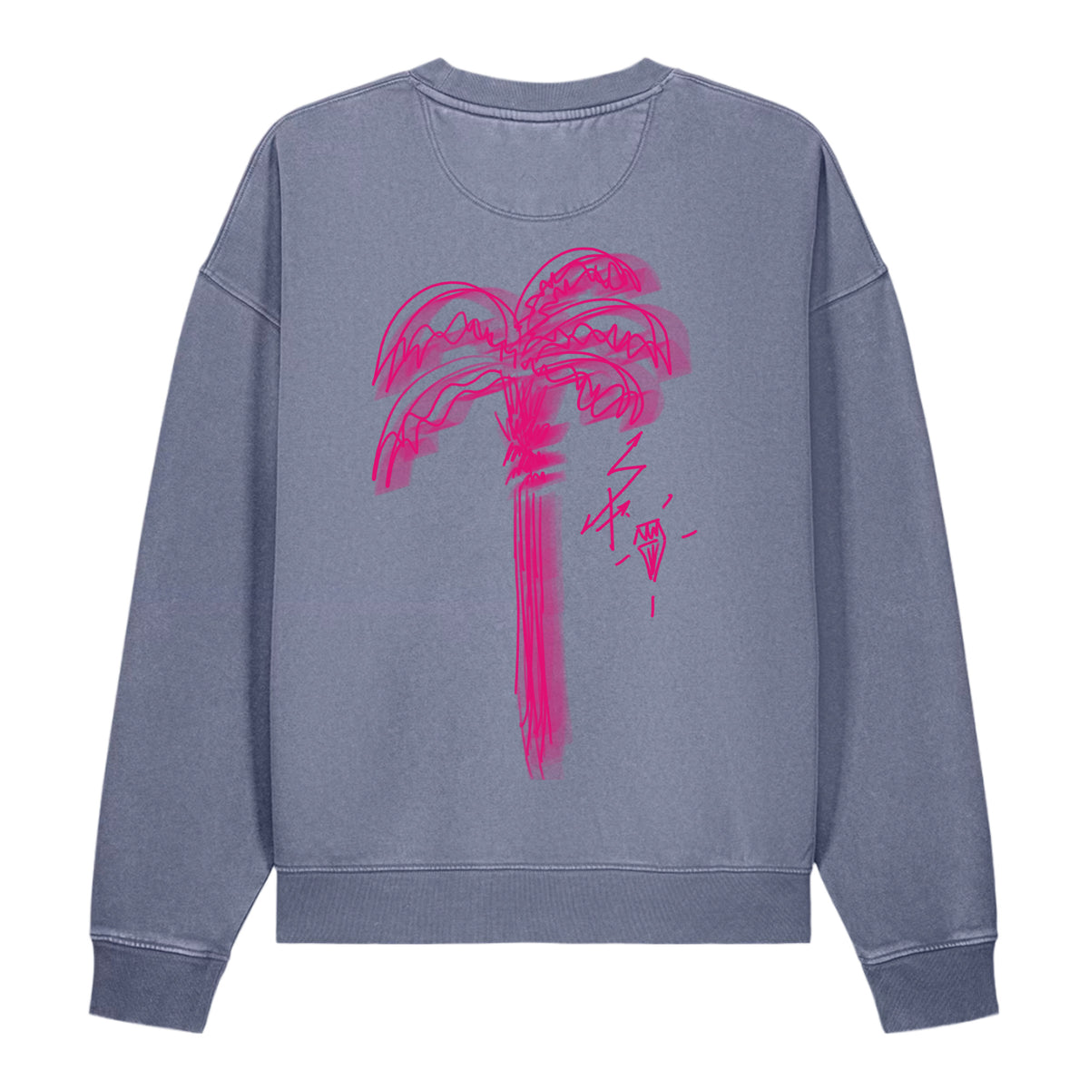 Back view of the high-end Pink Palm $arah Free premium streetwear t-shirt in Dyed Blue Grey, showcasing an imposing, oversized fuchsia palm tree drawn with a manual double-stroke effect across the luxury canvas.
