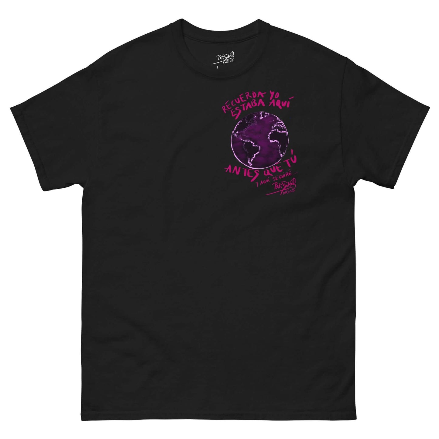 camiseta papijohn graffiti tierra morado y rosa con mensaje ecológico negra