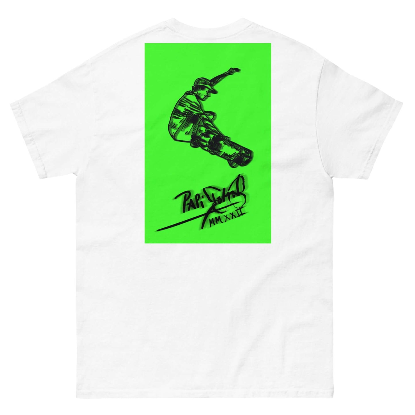 camiseta skate fondo verde firma papijohn blanca