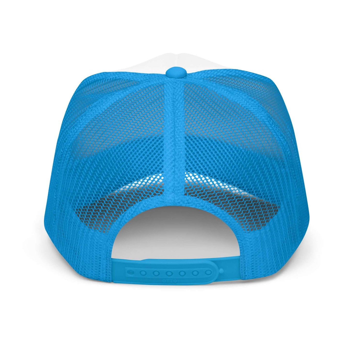 PapiJohn® The Art My Way Signature Trucker premium headwear back view showcasing the sky blue adjustable plastic snapback closure layout and matching breathable mesh paneling by $arah Free 💎 | Streetwear d'Auteur