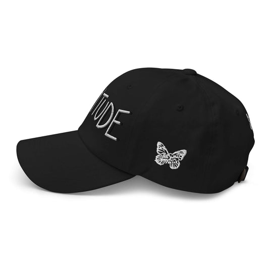 PapiJohn® The Attitude Rinnascimiento Cap macro close-up view focused on the left side panel detailing the intricate stitching precision of the dimensional white thread typography and black shadow block design by $arah Free 💎 | Wearable Art Fashion