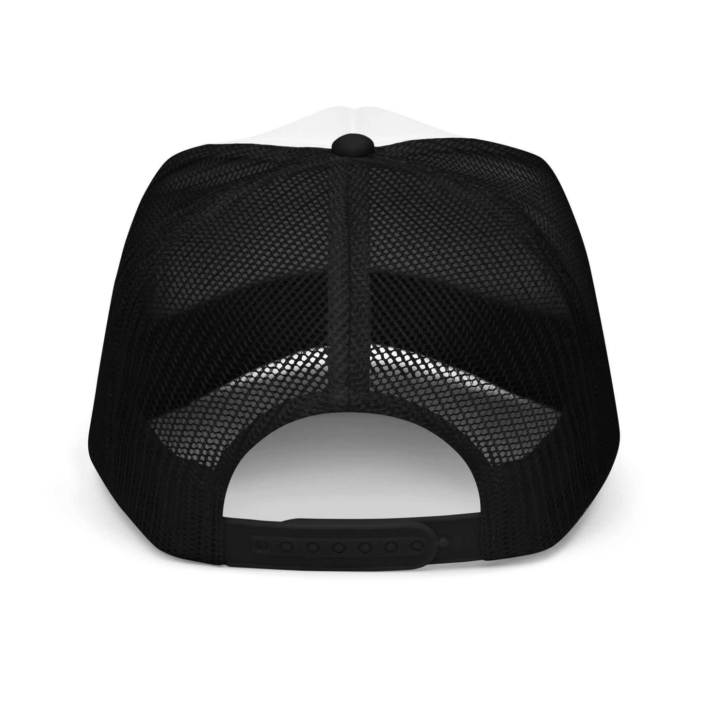 PapiJohn® The Blue Butterfly Signature Trucker premium bicolor headwear back view detailing the deep blue adjustable classic snapback closure and matching breathable mesh ventilation by $arah Free 💎 | Artist-Driven Streetwear