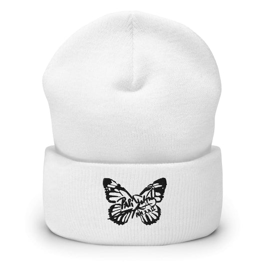 PapiJohn® The Butterfly Signature Black Edition beanie in pure white canvas front view highlighting the radical definition of the black embroidered butterfly emblem by $arah Free 💎 | Wearable Art Fashion