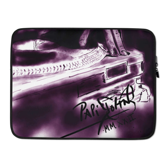PapiJohn® The DJ Origin Laptop Sleeve Studio Essentials back view showcasing the minimal solid dark premium protective neoprene layout graffiti artwork on a protective neoprene designer laptop sleeve 13 15 inch by $arah Free 💎. Funda de ordenador diseño de autor and studio essentials curated in Cadifornia.