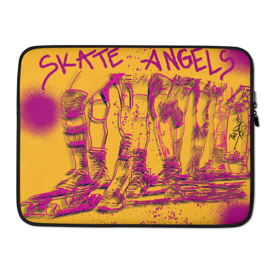 PapiJohn® The Skate Angels designer Laptop Sleeve Studio Essentials back view highlighting the sleek solid mustard premium neoprene protective layout by $arah Free 💎. High-end conscious luxury streetwear de autor curated in Cadifornia.