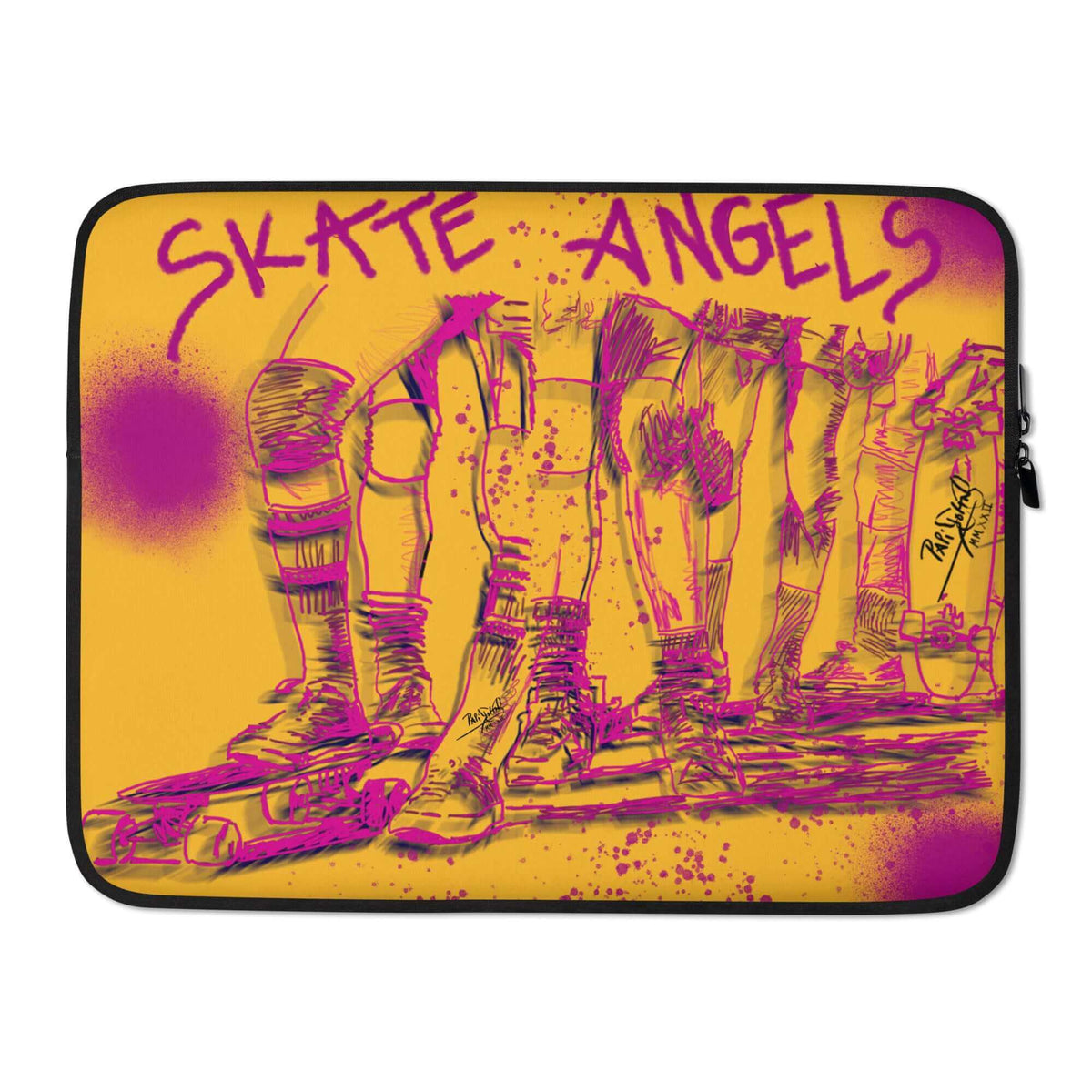 PapiJohn® The Skate Angels designer Laptop Sleeve Studio Essentials back view highlighting the sleek solid mustard premium neoprene protective layout by $arah Free 💎. High-end conscious luxury streetwear de autor curated in Cadifornia.