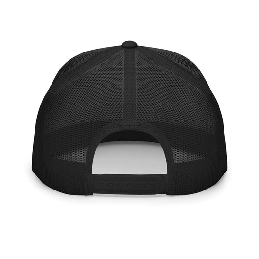 PapiJohn® The Flat Trucker Old School White Signature cap in solid black back perspective focusing on the traditional matching black mesh alignment and snap closure hardware | Artist-Led Streetwear