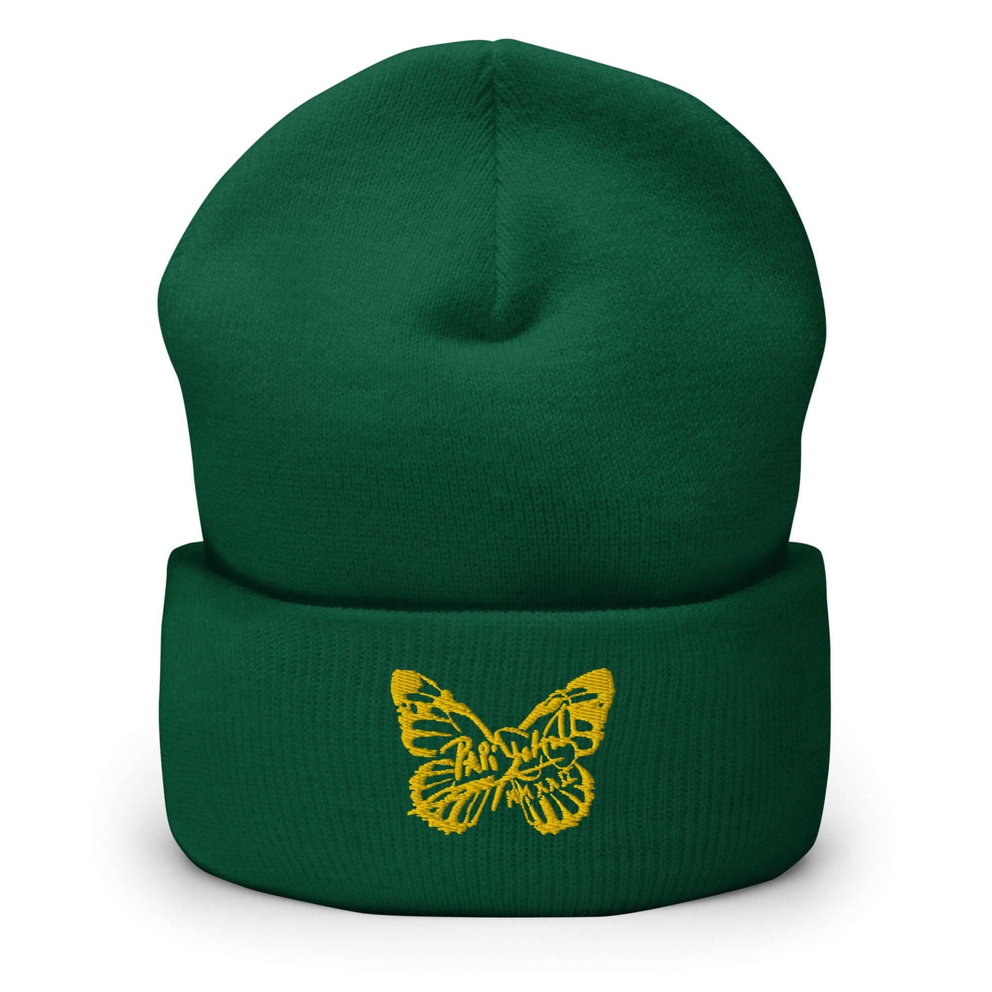 PapiJohn® The Golden Signature Cuffed Beanie premium headwear in deep spruce green fabric front view focusing on the rich fine knit texture and the golden metallic thread embroidered signature butterfly layout | Artist-Driven Luxury