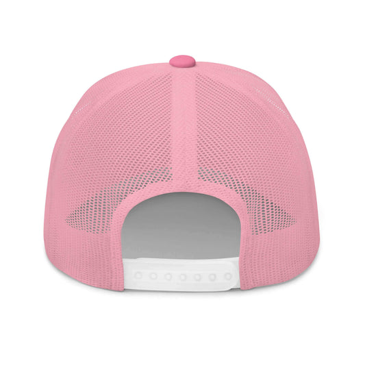 PapiJohn® The Pink Retro Butterfly Cadifornia Edition Trucker crown in solid vibrant pink back view displaying the premium breathable mesh panels layout and retro snapback adjustable strap | Artist-Led Streetwear