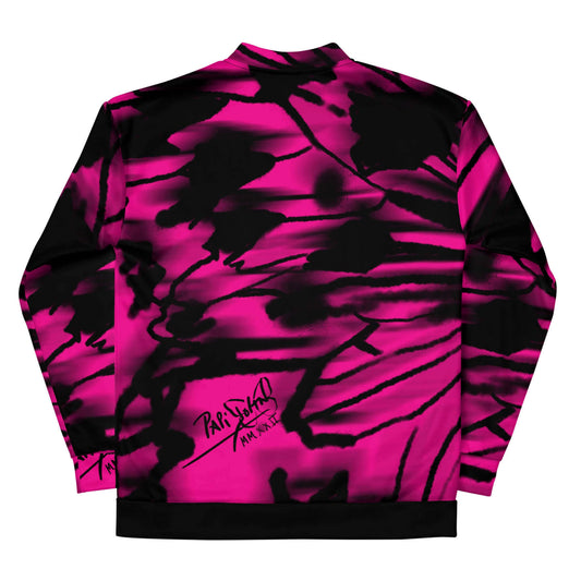 Back view showing the asymmetric ink run spray effect and full macro butterfly wing graphic on the SALA 3 | Attitude Alas Graff Pink bomber studio jacket by PapiJohn®. Gallery archive piece, honest luxury statement coat, and wearable art curated in Cadifornia by $arah Free 💎.