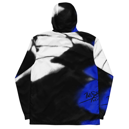 Back view showing the full-coverage electric blue monarch wing expanse and technical drape of the SALA 3 | Attitude Blue Monarca Windbreaker by PapiJohn®. Gallery archive piece, honest luxury windbreaker, and wearable art curated in Cadifornia by $arah Free 💎.