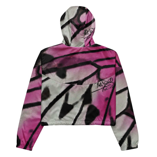 Back view showing the technical cropped silhouette and continuous pink-to-white gradient drape of the SALA 3 | Attitude Crop Pink Fade Windbreaker by PapiJohn®. Gallery archive piece, honest luxury cropped jacket, and wearable art curated in Cadifornia by $arah Free 💎.