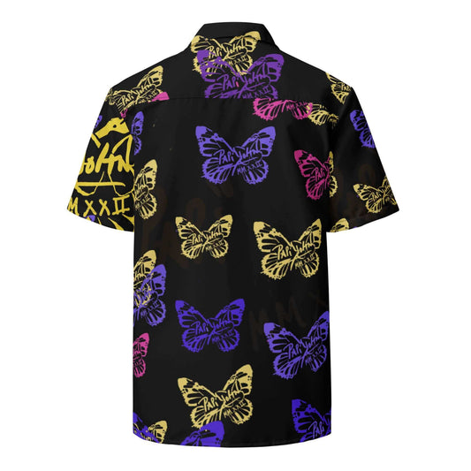 Back view showing the structured drape and continuous pastel monarch butterfly choreography on the SALA 3 | Attitude Eco Flagship Shirt by PapiJohn®. Gallery archive flagship piece, honest luxury aesthetic, and wearable art curated in Cadifornia by $arah Free 💎.