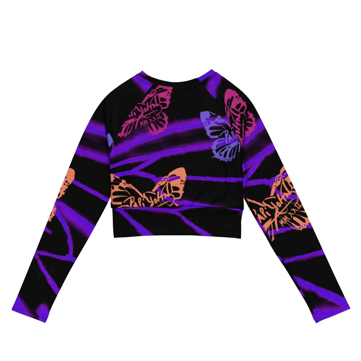 Back view showing the athletic fit and continuous layered purple wing and pastel butterfly swarm artwork on the SALA 3 | Attitude Graff Layered eco crop top by PapiJohn®. Gallery archive piece, honest luxury crop top, and wearable art curated in Cadifornia by $arah Free 💎.