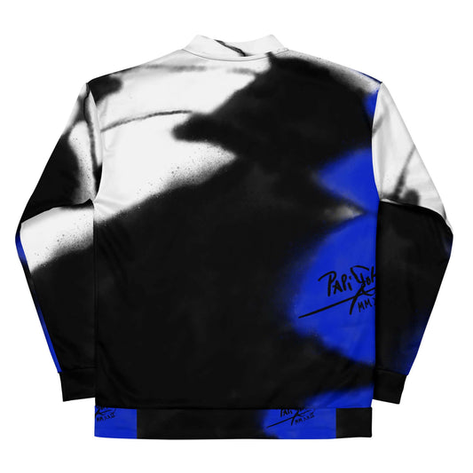 Back view showing the retro unisex fit and full blue monarch butterfly wing back print on the SALA 3 | Attitude Monarca Azul bomber studio jacket by PapiJohn®. Gallery archive piece, honest luxury statement coat, and wearable art curated in Cadifornia by $arah Free 💎.