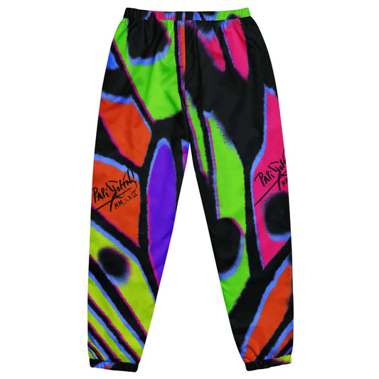 Back view showing the fit and high-voltage neon green butterfly wing graphic detail of the SALA 3 | Attitude Neón Monarca pants by PapiJohn®. Gallery archive piece, honest luxury aesthetic, and wearable art curated in Cadifornia by $arah Free 💎.
