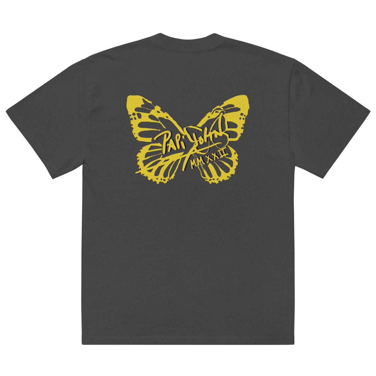 Back view showing the boxy oversized silhouette, dropped shoulders, and washed faded black vintage canvas of the SALA 3 | Attitude Oversize Yellow Eco Canvas by PapiJohn®. Honest luxury wearable art curated in Cadifornia by $arah Free 💎.