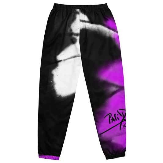 Back view showing the fit and dynamic pink butterfly wing graphic detail of the SALA 3 | Attitude Pink Monarca pants by PapiJohn®. Gallery archive piece, honest luxury aesthetic, and wearable art curated in Cadifornia by $arah Free 💎.