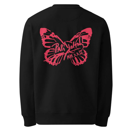 Back view showing the structured fit and deep black eco-cotton canvas of the SALA 3 | Attitude Red Firm Eco Crew by PapiJohn®. Gallery archive piece, honest luxury crewneck, and wearable art curated in Cadifornia by $arah Free 💎.