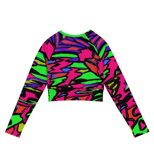 Back view showing the drape and athletic silhouette of the SALA 3 | Attitude Retro Disco eco crop top by PapiJohn®. Recycled eco-polyester canvas, gallery archive piece, and honest luxury wearable art curated in Cadifornia by $arah Free 💎.