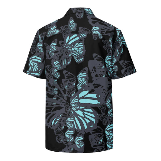 Back view showing the relaxed drape and continuous iridescent silver monarch butterfly print on the SALA 3 | Attitude Silver Monarca Surf Shirt by PapiJohn®. Eco studio canvas, gallery archive piece, and honest luxury wearable art curated in Cadifornia by $arah Free 💎.