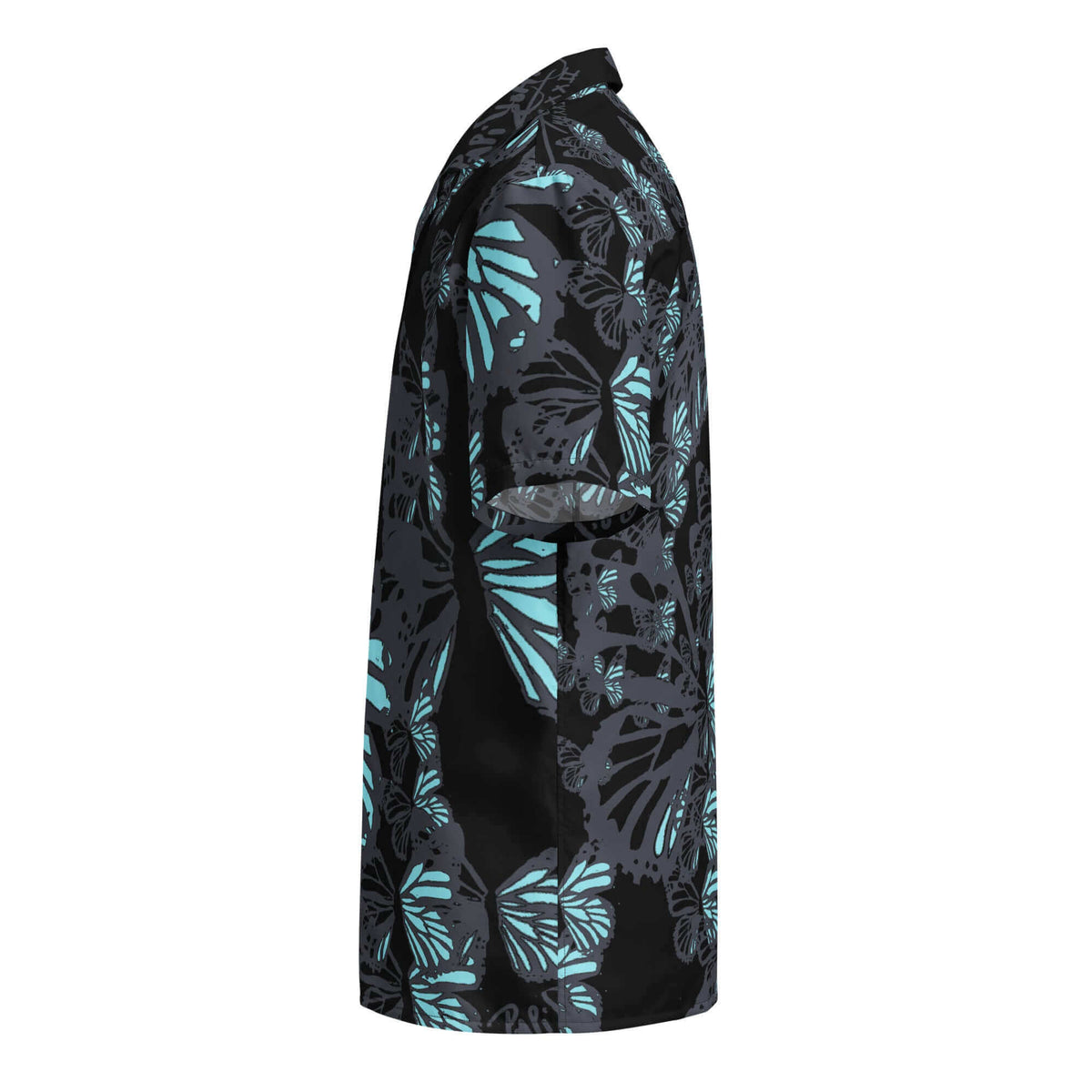 Side profile view showing the left side and sleeve of the SALA 3 | Attitude Silver Monarca Surf Shirt by PapiJohn®. Highlighting the silver-grey and blueish butterfly graphic details on faded black eco canvas by $arah Free 💎.