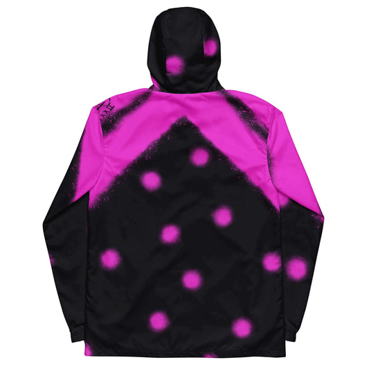 Back view showing the full-coverage fuchsia pink splatter print and structured fit of the SALA 3 | Attitude Topos Graff Windbreaker by PapiJohn®. Gallery archive piece, honest luxury outerwear, and wearable art curated in Cadifornia by $arah Free 💎.