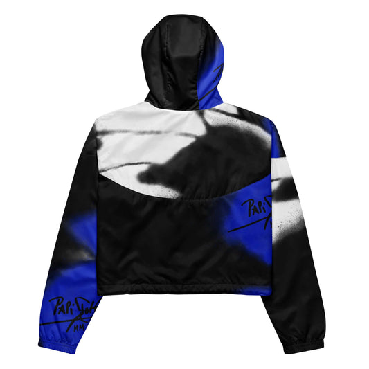 Back view showing the cropped athletic silhouette and continuous electric blue wing artwork on the SALA 3 | Crop Attitude Blue Windbreaker by PapiJohn®. Gallery archive piece, honest luxury cropped outerwear, and wearable art curated in Cadifornia by $arah Free 💎.
