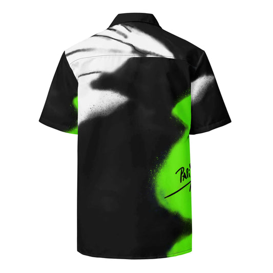 Back view showing the relaxed drape and full deconstructed neon green monarch wing print on the SALA 3 | Monarca Neón Surf Shirt by PapiJohn®. Eco studio canvas, gallery archive piece, and honest luxury wearable art curated in Cadifornia by $arah Free 💎.