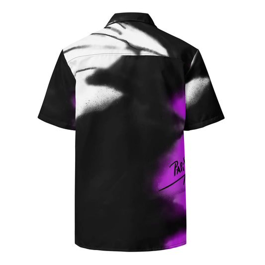Back view showing the relaxed drape and full deconstructed pink monarch butterfly wing print on the SALA 3 | Monarca Pink Surf Shirt by PapiJohn®. Eco studio canvas, gallery archive piece, and honest luxury wearable art curated in Cadifornia by $arah Free 💎. Honest luxury archive piece.