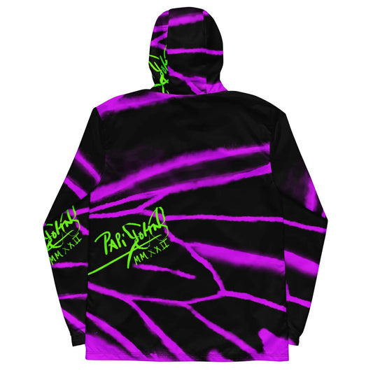 Back view showing the lightweight drape and continuous faded purple wing print on the SALA 3 | Purple Wing Neon Canvas Studio Jacket by PapiJohn®. Gallery archive piece, honest luxury outerwear, and wearable art curated in Cadifornia by $arah Free 💎.