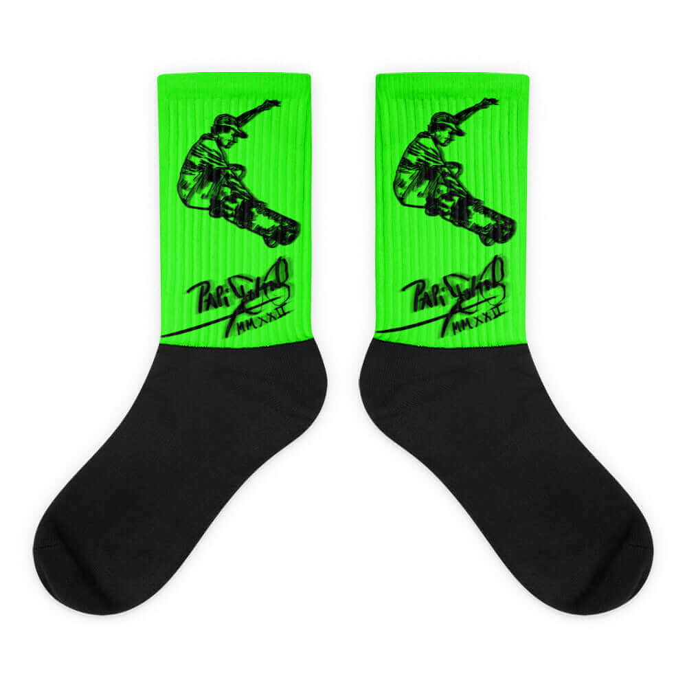 PapiJohn® 🏛️ Sala 4 | Neon Green Signature | Studio Essentials — Front view of the sublimated socks featuring a practical black sole. Showcasing a flawless kinetic skate grab surgically enclosed in an acid neon green geometric block with solid black traces by $arah Free 💎. Electric vision and honest luxury accessories completing the perfect Artist's Uniform, curated in Cadifornia.