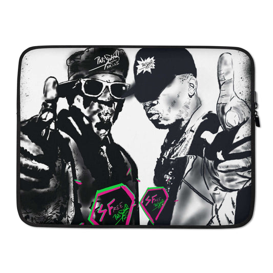 Front view of the SALA 4 | The Old School Echo Laptop Sleeve by PapiJohn®. Featuring old-school hip-hop tribute artwork on a neoprene designer laptop sleeve 13 15 inch by $arah Free 💎. Funda de ordenador diseño de autor and studio essentials curated in Cadifornia.