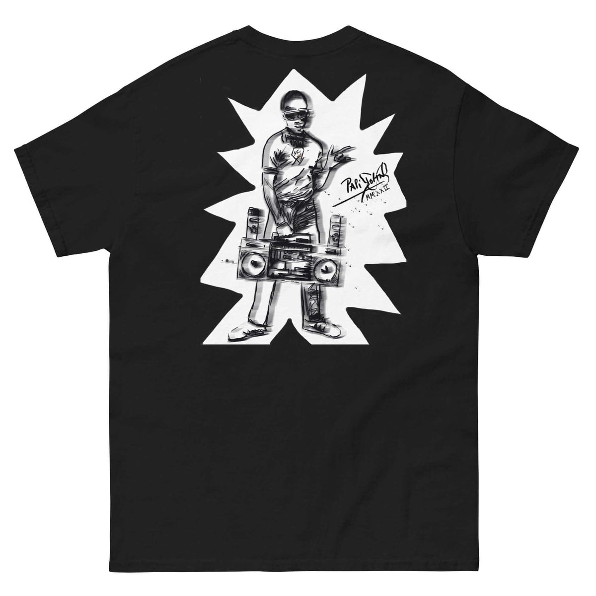 PapiJohn® 🏛️ Sala 5 | The Artpop Speech | Pop Art Canvas — Back view of the Black Canvas. Showcasing the iconic Bronx kid and boombox set against an irregular Spiked Cutout echoing classic Pop Art comic speech bubbles by $arah Free 💎. A gallery-level archive piece blending urban collage aesthetics with high-end conscious luxury apparel, gestated in Cadifornia.
