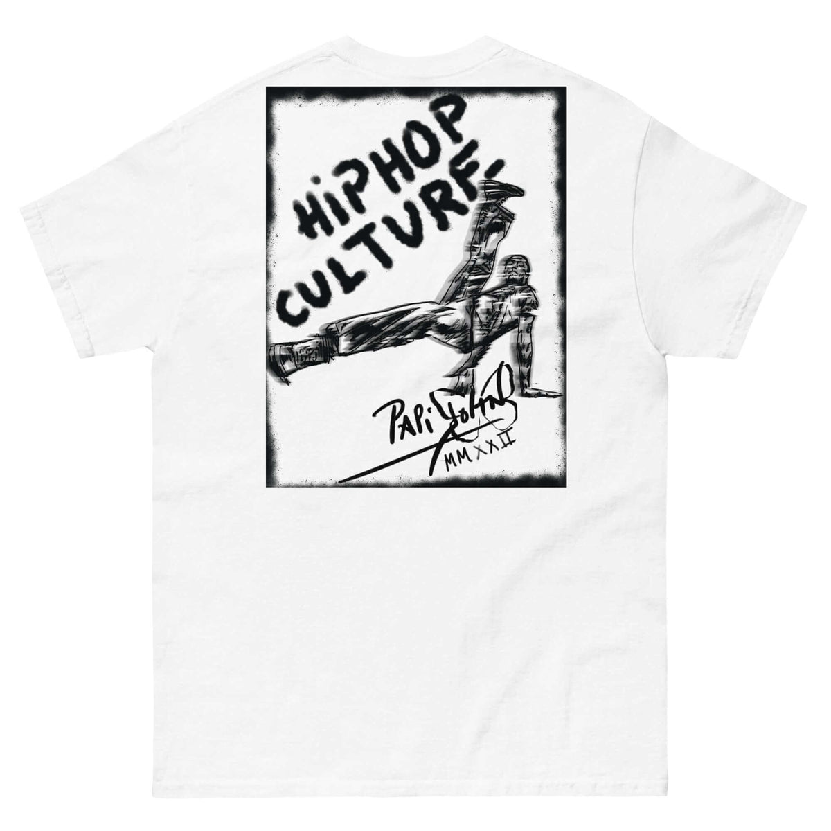 PapiJohn® 🏛️ Sala 5 | The B-Boy Movement | Urban Tribute Piece — Back view showing the high-density cotton t-shirt silhouette and clean architectural drape of the White Canvas Tee by $arah Free 💎. Gallery archive piece, honest luxury apparel, and wearable art curated in Cadifornia.