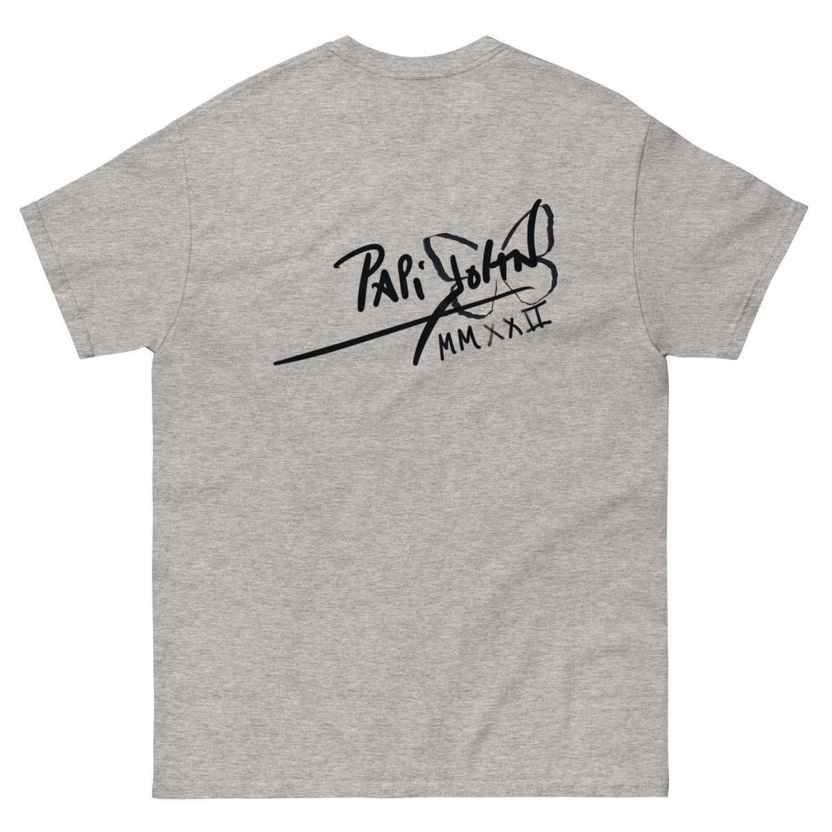 PapiJohn® 🏛️ Sala 5 | The Color Messenger | Vibrant Hip Hop Canvas — Back view of the Sport Grey Canvas Tee. Displaying the PapiJohn® classic icon signature logo positioned across the back shoulders by $arah Free 💎. Gallery archive piece, honest luxury apparel, and wearable art curated in Cadifornia.
