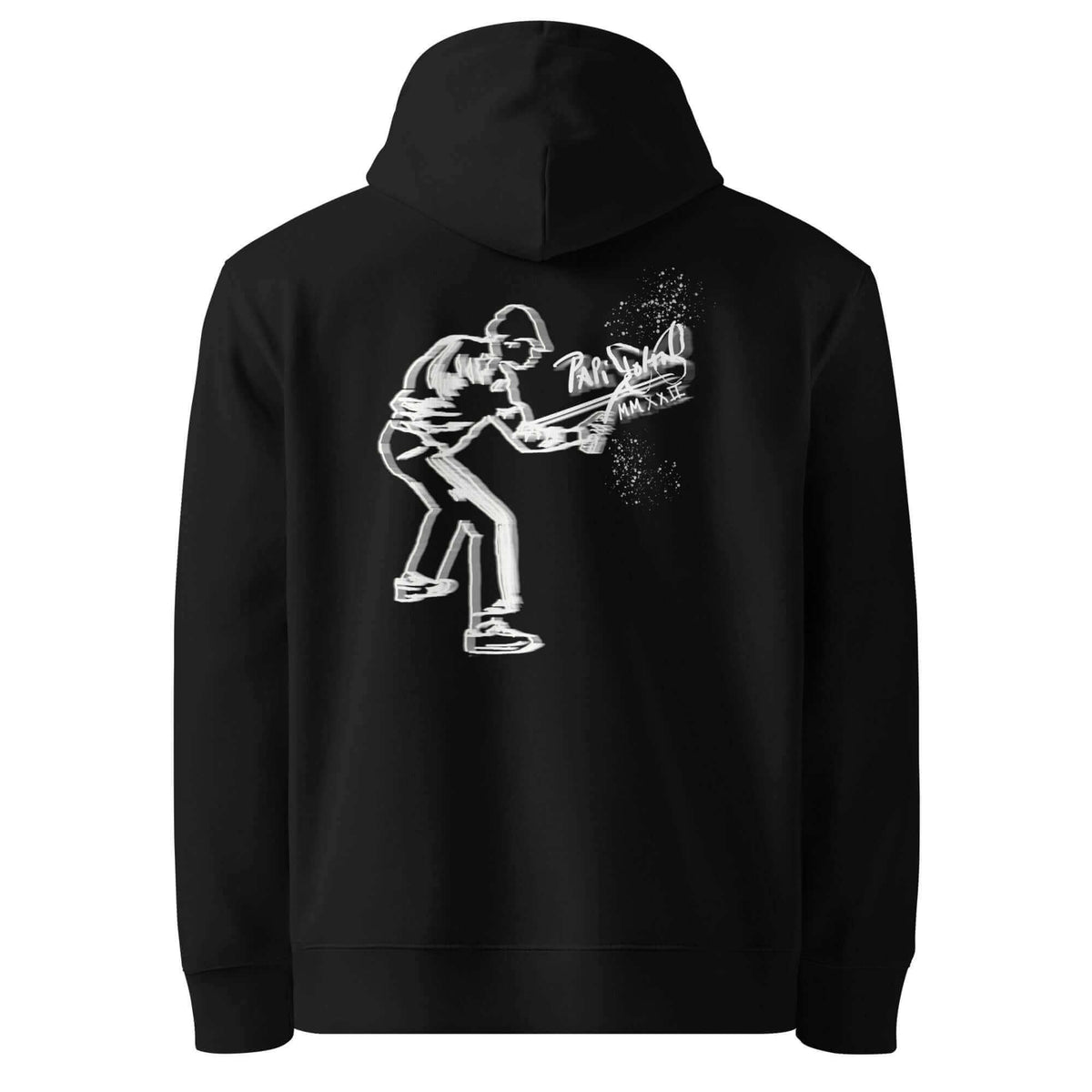 Back view showing the heavy organic cotton hoodie silhouette, relaxed hood, and structured drape of the SALA 5 | The Graff Archive | Eco Signature Canvas by PapiJohn®. Gallery archive piece, conscious luxury eco hoodie, and wearable art curated in Cadifornia by $arah Free 💎.