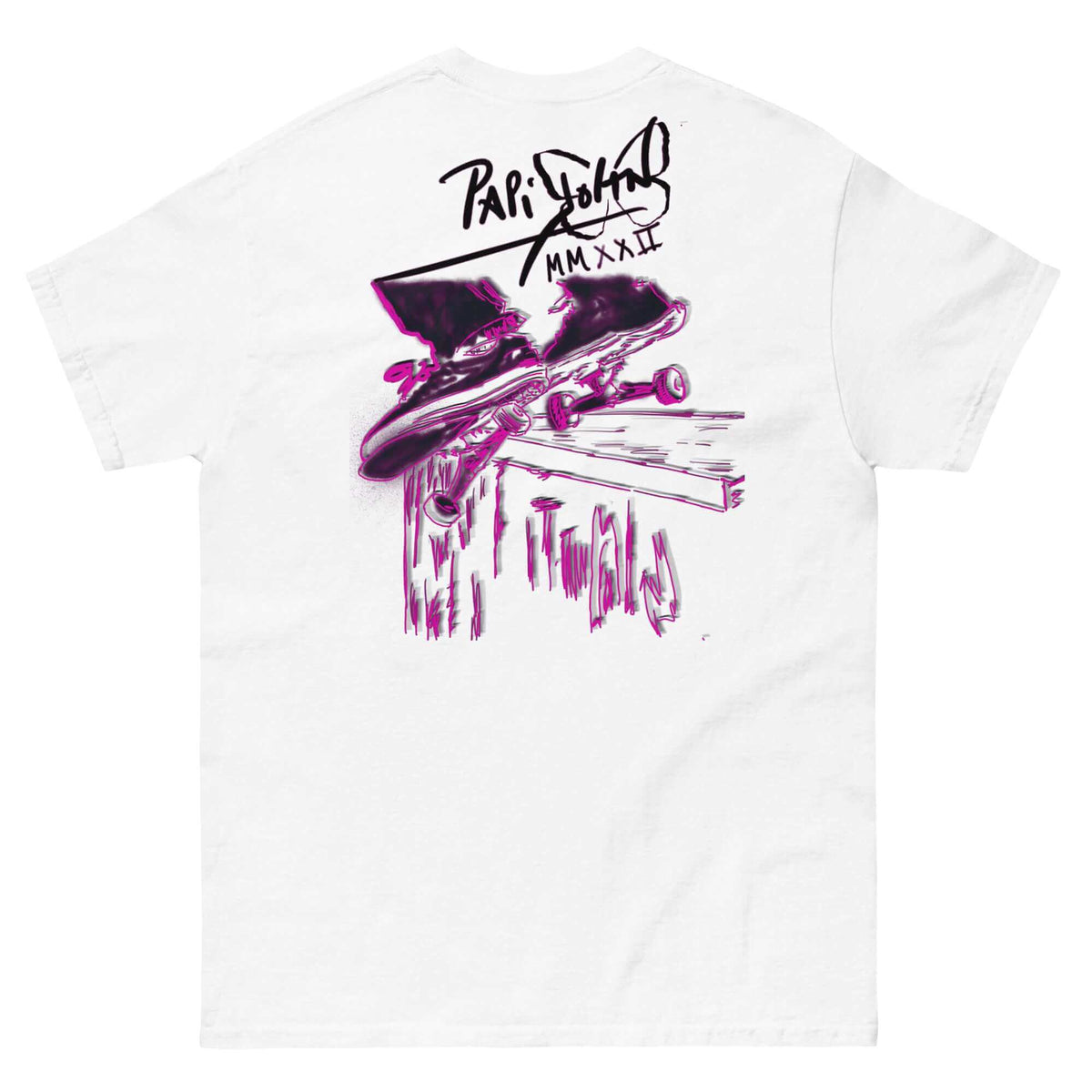 PapiJohn® 🏛️ Sala 5 | The Grind | Skate Lifestyle Canvas — Back view highlighting the premium heavyweight cotton drape and flawless structural fit of the White Canvas by $arah Free 💎. Honest luxury apparel and raw kinetic skate culture gestated in Cadifornia.