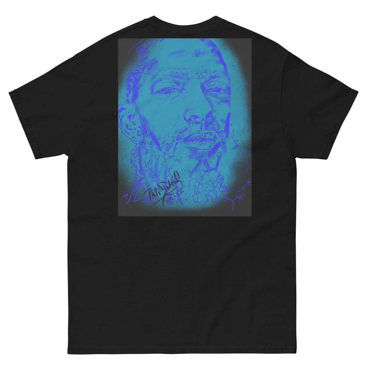 PapiJohn® 🏛️ Sala 5 | The Legacy Marathon | Blue Light Edition — Back view showing the high-density cotton t-shirt silhouette and clean architectural drape of the Black Canvas Tee by $arah Free 💎. Gallery archive piece, honest luxury apparel, and wearable art curated in Cadifornia.