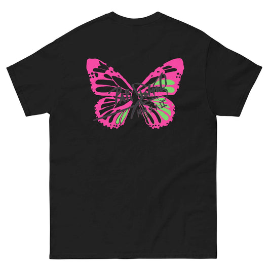 Back view showing the full-scale kinetic neon pink and acid green butterfly metamorphosis artwork on the SALA 5 | The Neon Metamorphosis black tee canvas by PapiJohn®. Heavyweight organic cotton canvas, gallery archive piece, and honest luxury streetwear curated in Cadifornia by $arah Free 💎.