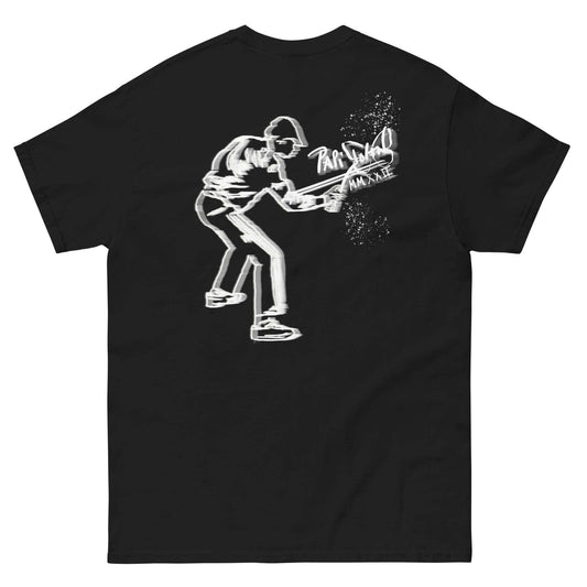 Back view showing the structured black canvas t-shirt silhouette and clean drape of the SALA 5 | The Outline Writer | Graffiti Origin Canvas by PapiJohn®. Gallery archive piece, honest luxury apparel, and conceptual wearable art curated in Cadifornia by $arah Free 💎.