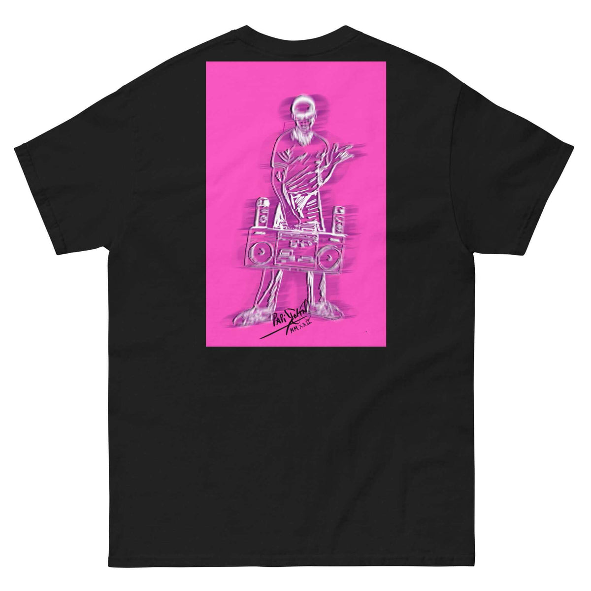 PapiJohn® 🏛️ Sala 5 | The X-Ray Beat | Motion Pink Canvas — Back view of the Black Canvas Tee. Showcasing a futuristic radiography style Bronx kid illustration set against a vibrant neon fuchsia block. Featuring an advanced purple motion blur effect by $arah Free 💎 that captures pure kinetic energy and urban rhythm. A gallery-level archive piece merging psychedelic aesthetics with honest luxury apparel, gestated in Cadifornia.