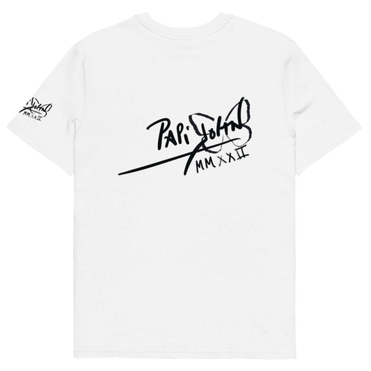 Back view showing the structured eco-friendly white canvas t-shirt silhouette and clean drape of the SALA 6 | Brain Genie | Eco-Genius Piece by PapiJohn®. Gallery archive piece, honest luxury eco apparel, and conscious wearable art curated in Cadifornia by $arah Free 💎.
