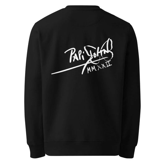 Back view showing the structured eco canvas crewneck silhouette and clean drape of the SALA 7 | The Noche Mala | Eco-Graff Canvas by PapiJohn®. Gallery archive piece, honest luxury eco apparel, and conceptual wearable art curated in Cadifornia by $arah Free 💎.