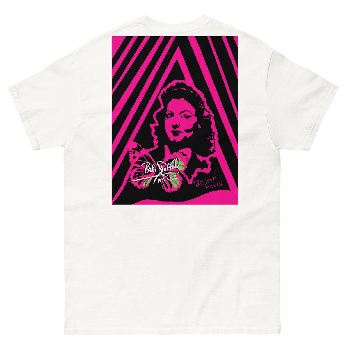 Back view of SALA 8 | Ava ArtPop | The Cinema Diva on White Canvas by PapiJohn®. Cinematic diva graphic artwork with electric fuchsia contrast and butterfly design by $arah Free 💎 artist-driven. Rebel luxury and honest luxury fashion brand ideado en Cadifornia.