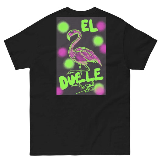 PapiJohn® 🏛️ Sala 9 | El Flamenco Duele | Neon Art Piece — Back view showing the high-density cotton t-shirt silhouette and clean architectural drape of the Black Canvas Tee by $arah Free 💎. Gallery archive piece, honest luxury apparel, and wearable art curated in Cadifornia.