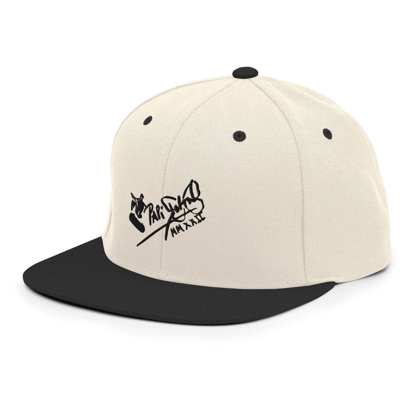 PapiJohn® The Skate Archive Signature Snapback in raw natural and black panels left side profile highlighting the clean geometric crown structure and flat bill line by $arah Free 💎 | High-Tier Archive